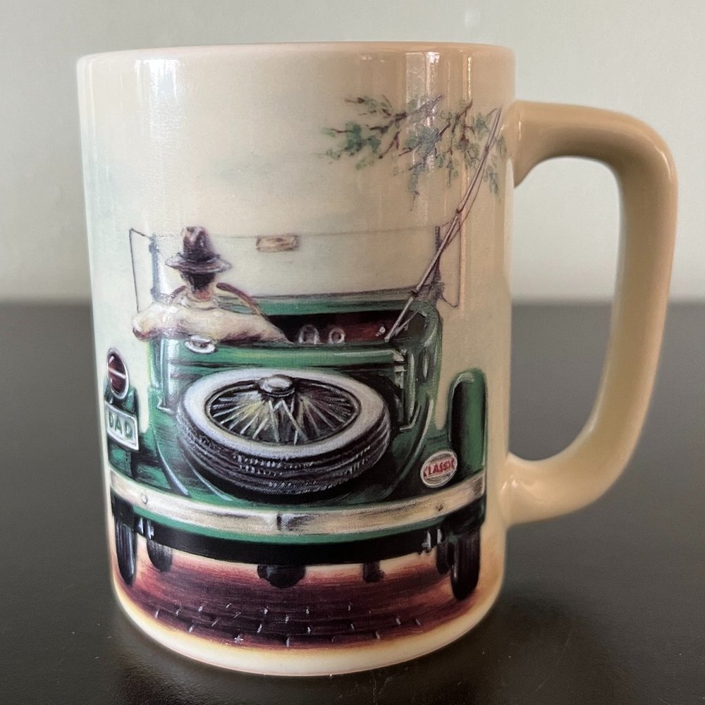 Vtg Otagiri Japan Mug Sunrise Pub Dad Forf Model-T Car Fishing Pole Coffee Mug